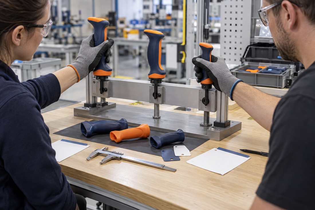 Two manufacturing operators in gloves evaluating three sizes of blue and orange 3D printed hand-tool handles at an assembly workstation