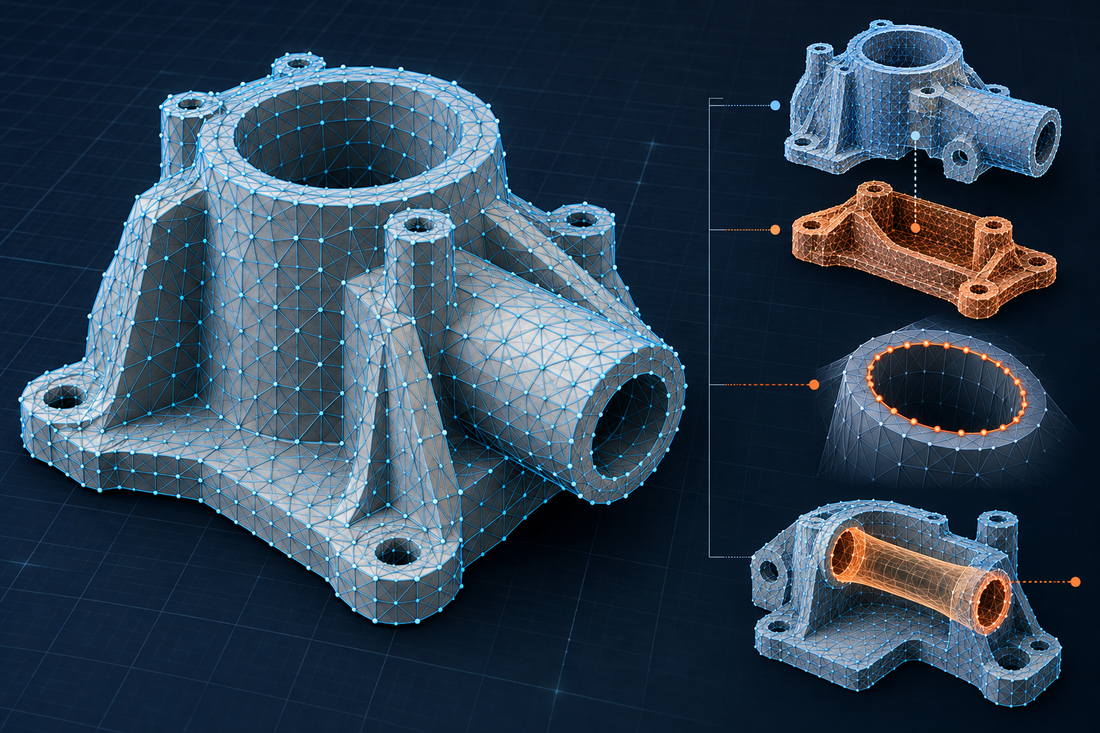 Triangulated mechanical housing with vertices, edges, faces, connected components, a boundary loop, and a handle highlighted for topology review