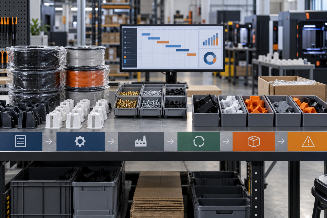 Repeat 3D printing inventory plan with material spools, purchased inserts, hardware, staged releases, and excess exposure review