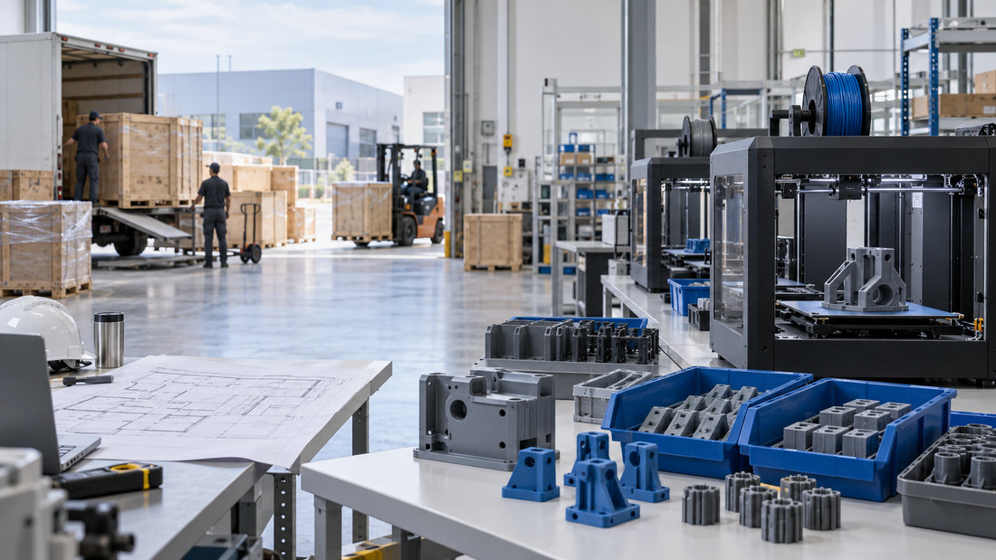 Factory relocation with production 3D printers, packed equipment, functional parts, and controlled inventory bins