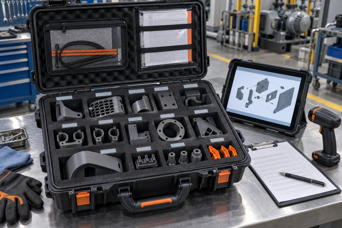 Controlled field retrofit kit with generic 3D printed brackets, guards, adapters and clips organized beside an assembly diagram and barcode scanner