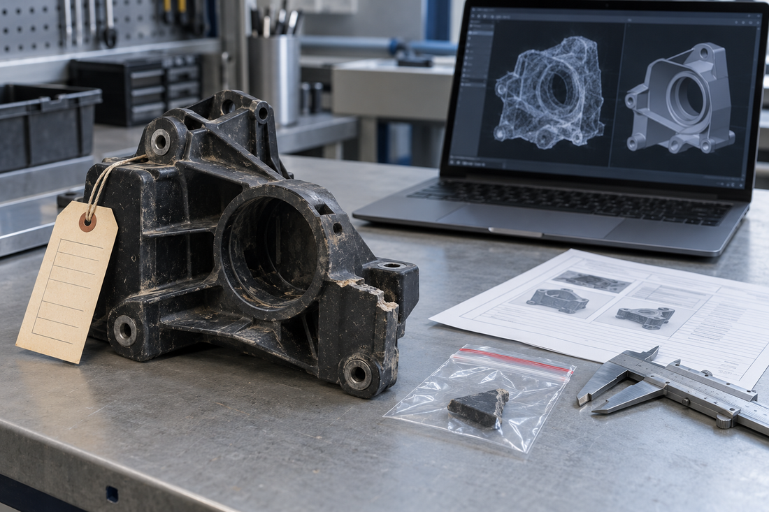 Worn field-return mechanical housing with a return tag, loose fragment, calipers, condition record, scan mesh, and reconstructed CAD model