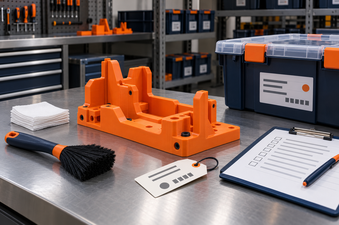 Orange 3D printed production fixture with cleaning brush, wipes, storage tote, status tag, and condition checklist