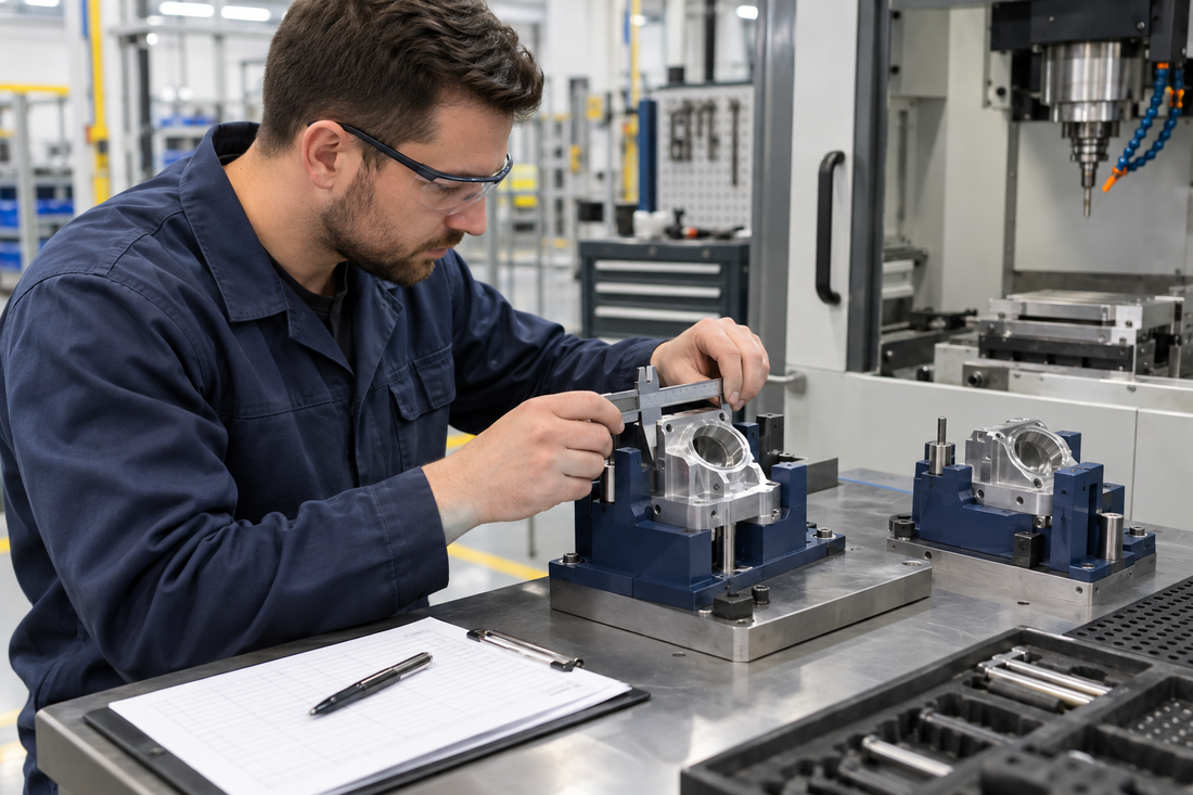 Manufacturing engineer validating a blue 3D printed fixture with representative metal workpieces at the production workstation