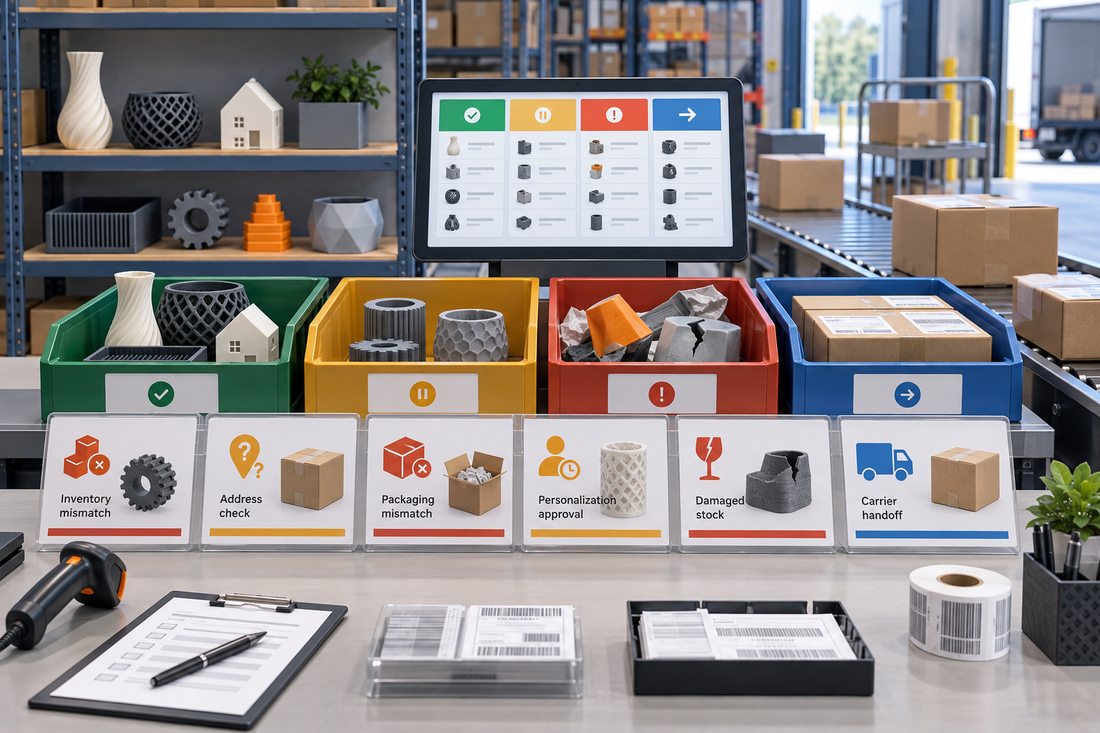 Multi-SKU 3D printed product orders sorted into ready, hold, correction, damaged-stock, and carrier-handoff fulfillment states