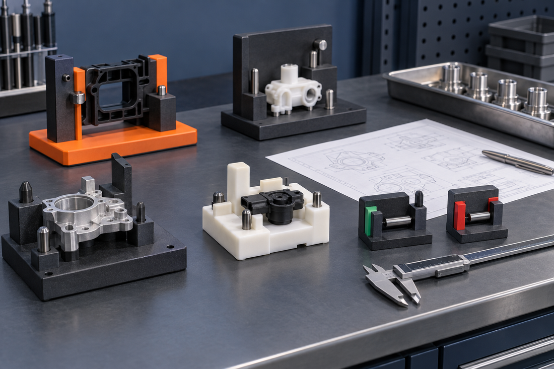 3D printed inspection nests and go-no-go check fixtures with locating pins, reference components, drawing and calipers on a quality-control bench