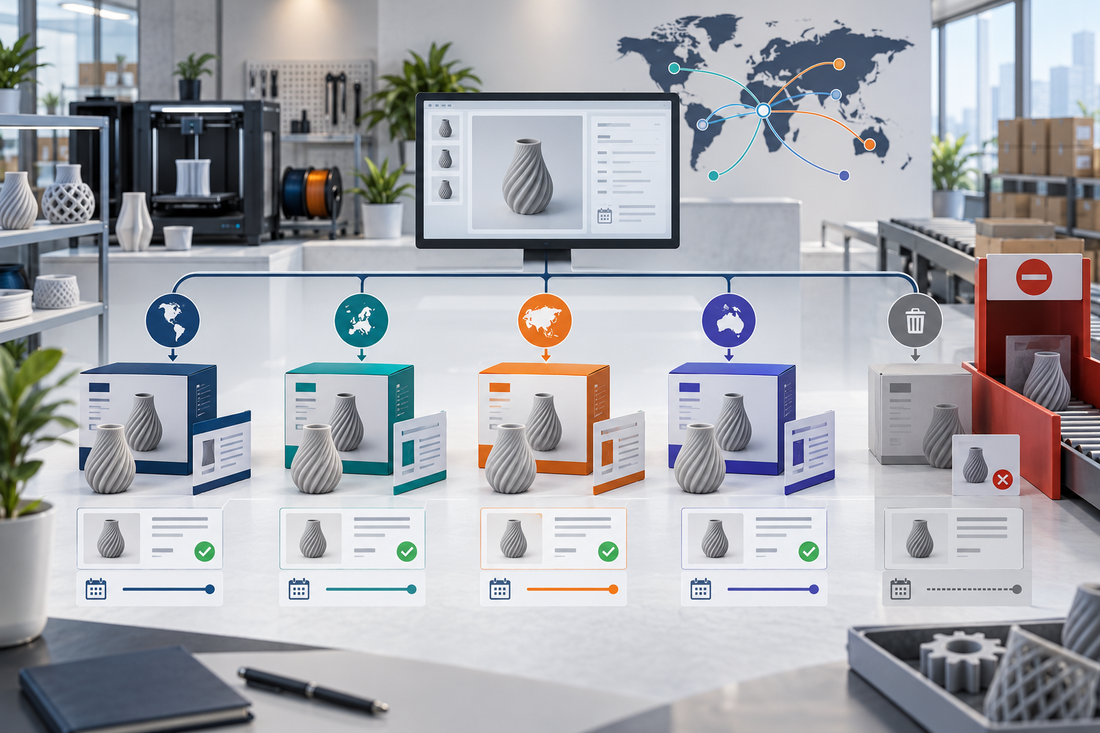 Generic 3D printed product catalog branching into controlled market-specific packaging and language versions with approval records and obsolete stock quarantine