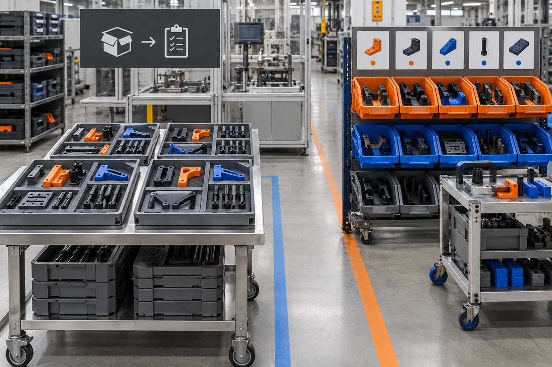 Side-by-side comparison of job-specific kits and line-side bins for high-mix 3D printed production aids in a factory cell