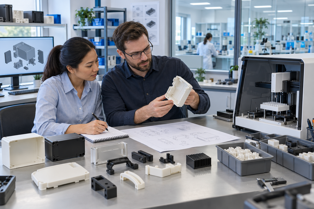 Laboratory instrument engineers reviewing generic 3D printed housings, brackets, drawings, and organized service-part bins