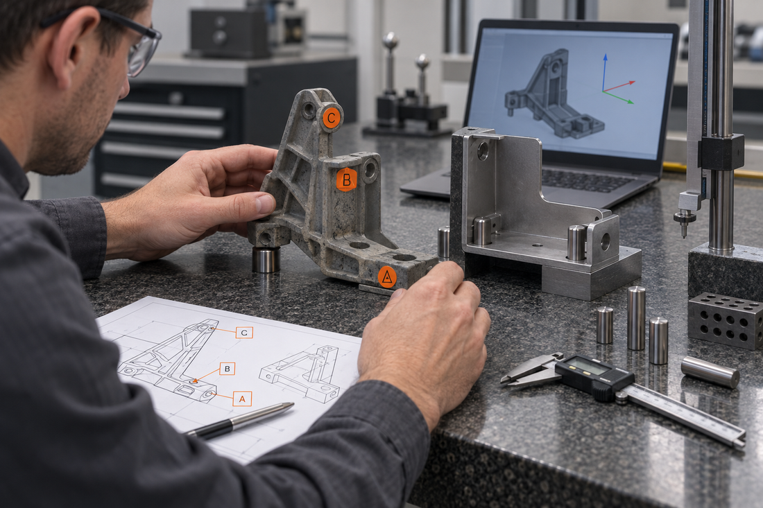 Engineer reconstructing functional datum references from a worn legacy bracket, its mating assembly, gauges, and controlled CAD reference geometry
