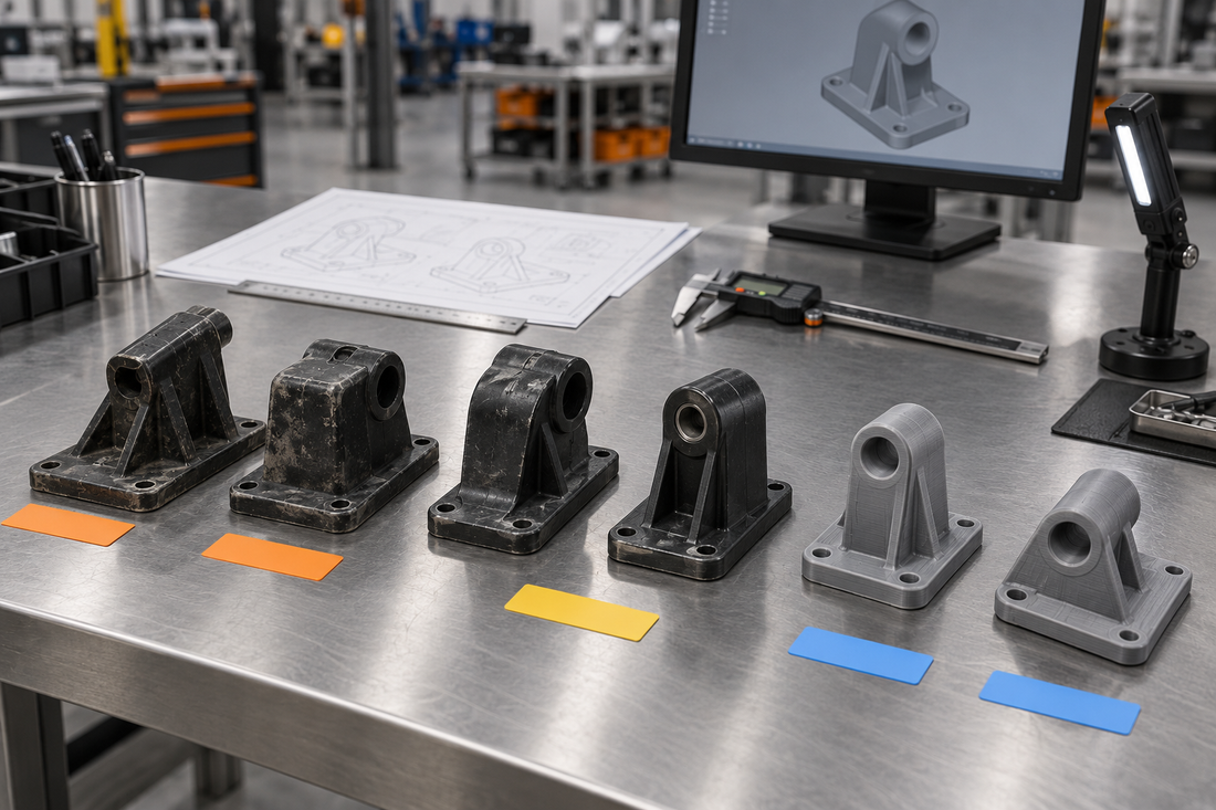 Related worn legacy plastic parts and two gray 3D printed comparison parts arranged for family rationalization on an engineering workbench