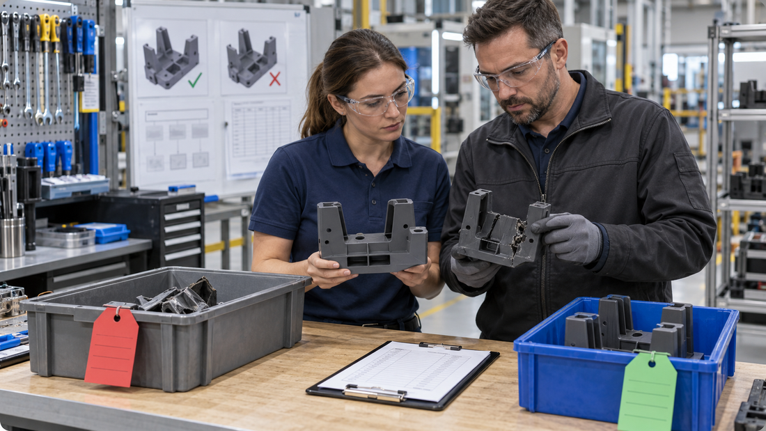Factory team comparing a damaged 3D printed fixture with its controlled replacement file, inspection record, and return-to-service checklist