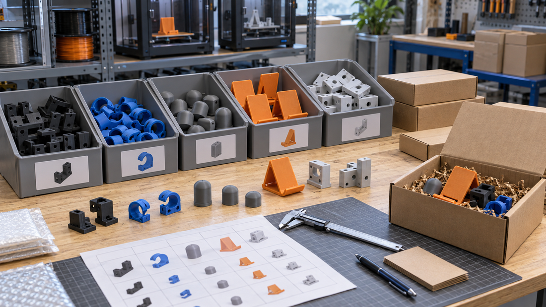 Low-volume 3D printed accessory SKUs organized in bins with a variant matrix, inspection tools, packaging, and a staged fulfillment order