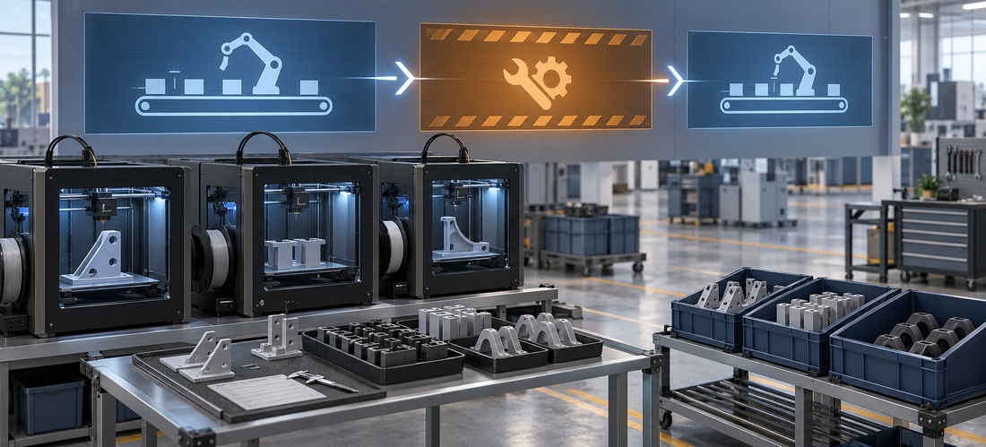 Planned factory maintenance window supported by generic 3D printers producing inspected parts for staged temporary coverage