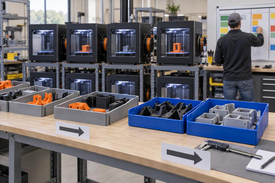 Controlled manufacturing backlog recovery with generic 3D printed parts moving through production, inspection, and accepted-part trays