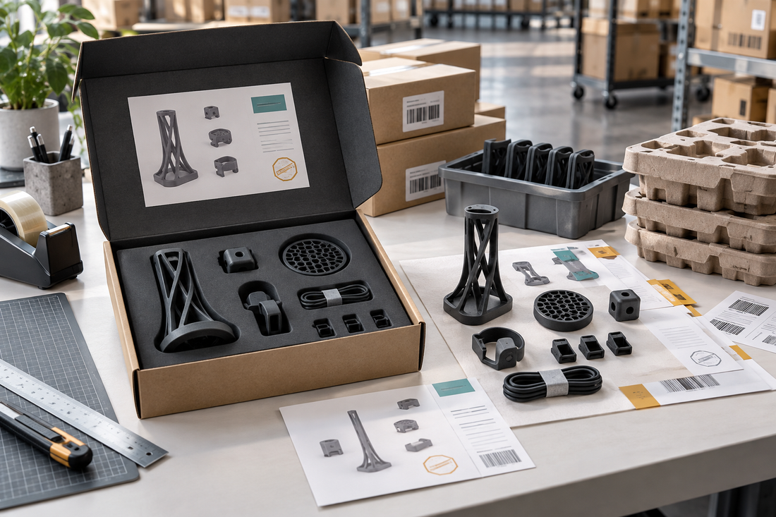 Marketplace bundle of 3D printed products matched to controlled components, packaging inserts, and revision records