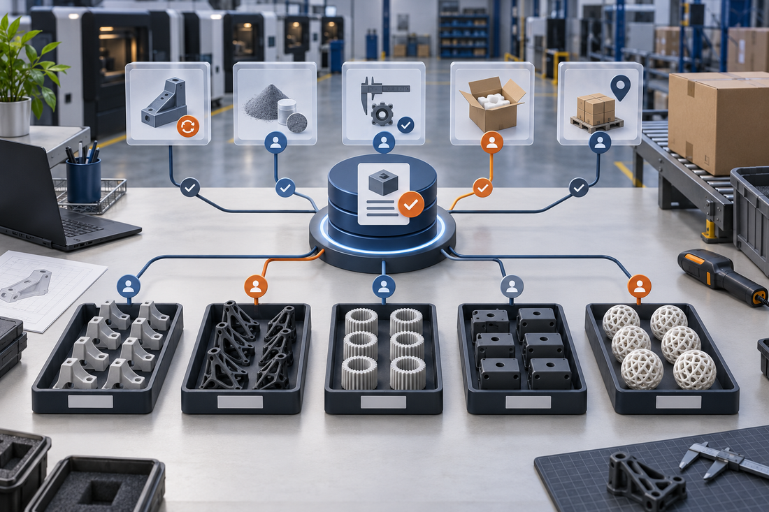 Central source-of-truth record connecting distinct 3D printed SKUs to approved CAD, material, inspection, packaging, and destination data owners