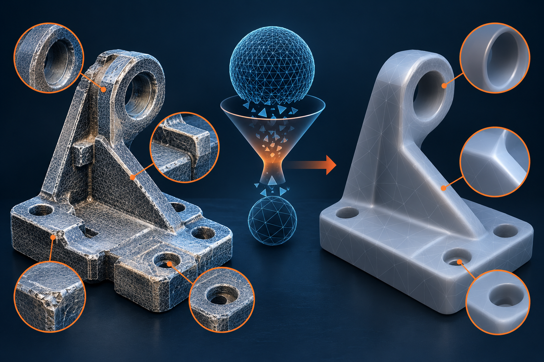 Illustrative comparison of a detailed scanned bracket mesh and an overly smoothed decimated mesh with functional evidence removed