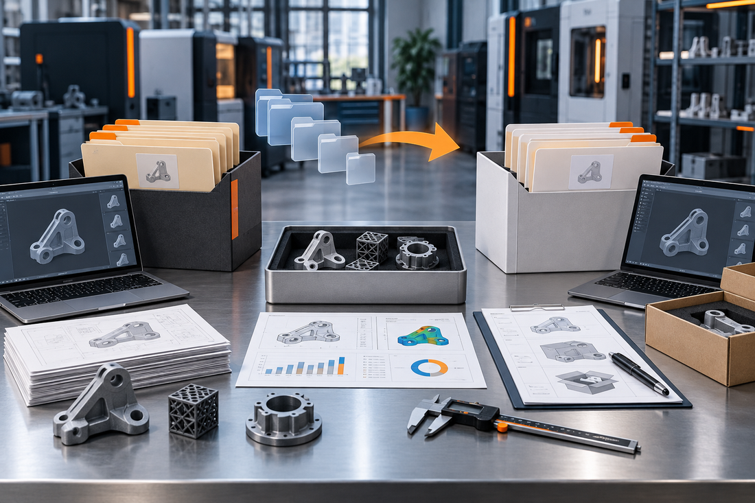 Controlled production files, part revisions, inspection records, packaged parts, and shipment evidence organized for a repeat 3D printed parts supplier handoff