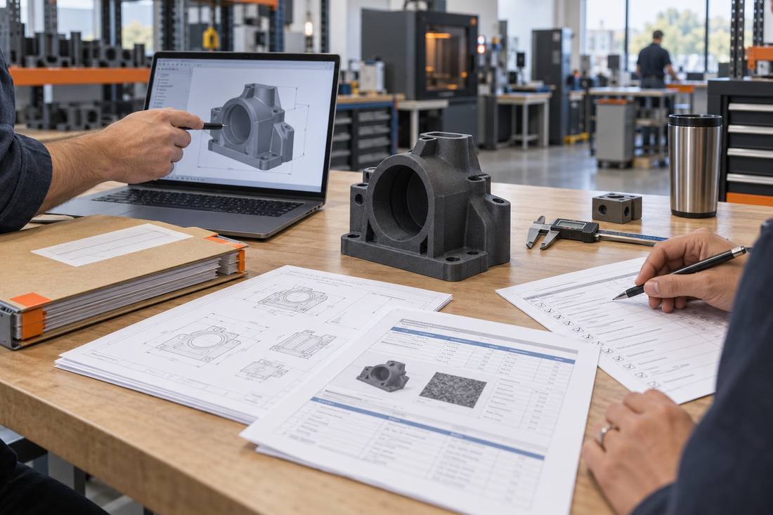 Engineering and procurement review of a model-based definition package, 3D CAD model, printed production part, revision checklist, and inspection plan