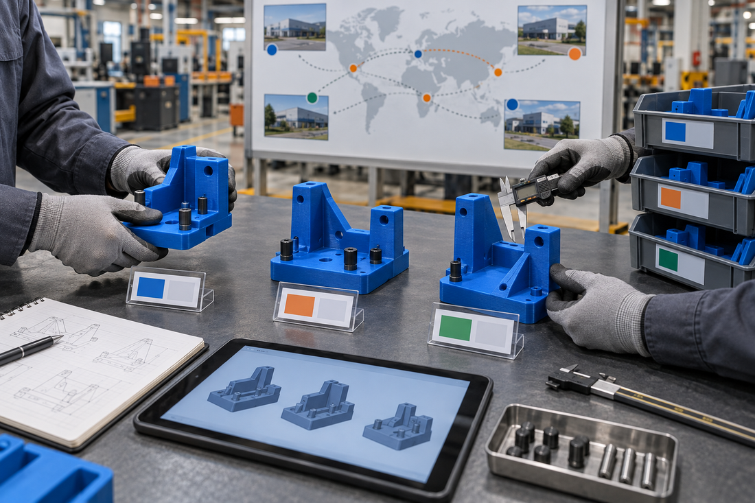Manufacturing team comparing blue 3D printed fixtures, datums, and controlled variants for deployment across multiple plants