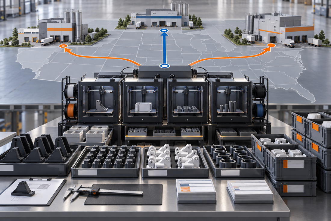 Generic US production 3D printing supplier coordinating controlled part families and destination-specific packouts for three manufacturing plants