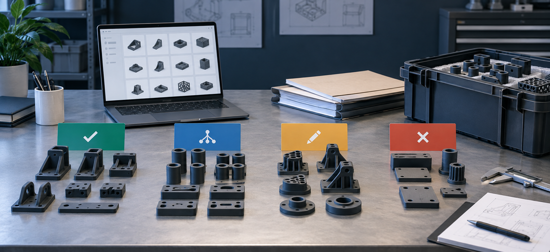 Generic 3D printed product families sorted into retain, combine, revise, and retire groups during multi-SKU catalog rationalization