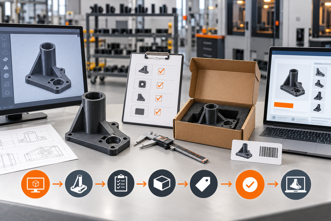 Illustrative new 3D printed SKU onboarding review with controlled CAD, inspection checklist, packaging, label, and approved catalog entry