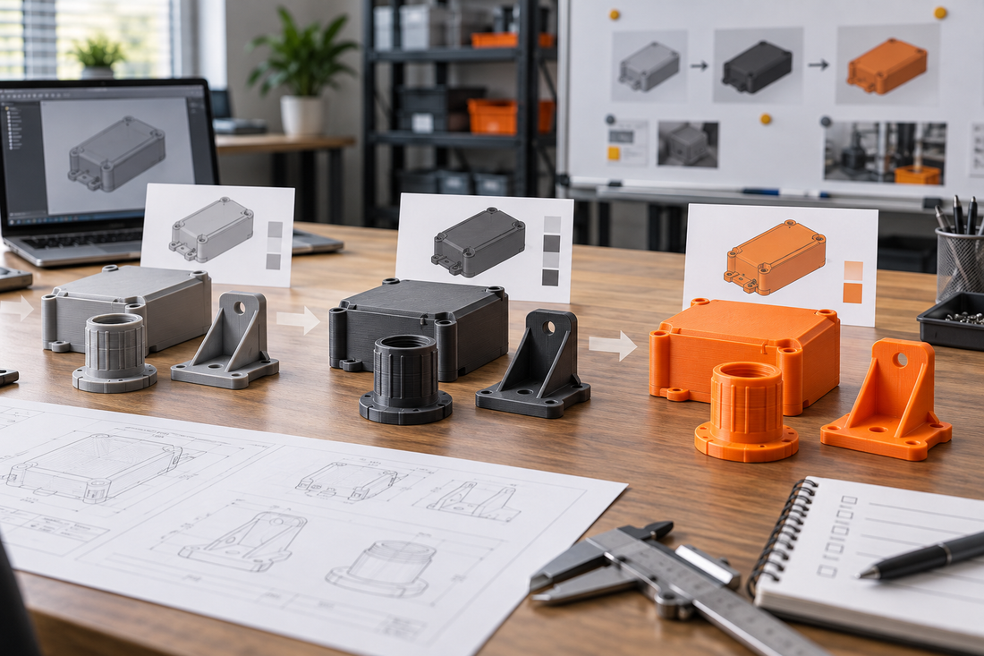 Generic 3D printed enclosure, bracket, and adapter progressing from gray prototype parts through pilot review to approved orange production parts during NPI sourcing