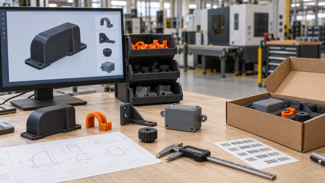 Generic 3D printed equipment service parts moving from controlled CAD through inspection into a labeled spare-parts kit