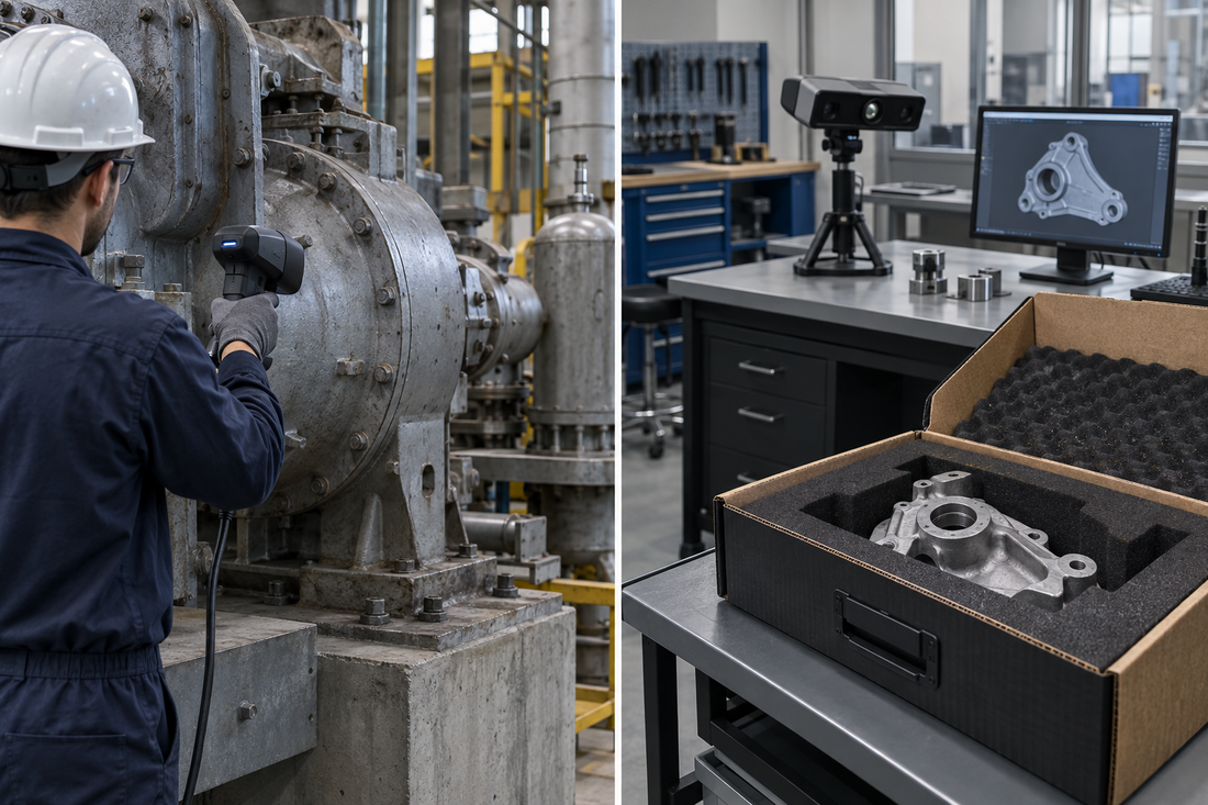 Split industrial scene comparing handheld 3D scanning of an installed machine component with a removable legacy part protected in a fitted shipping case at a metrology lab