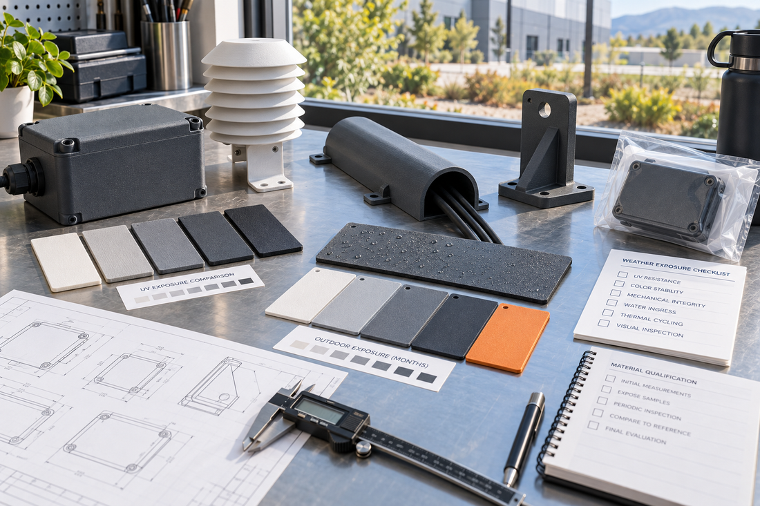 Outdoor production housings, sensor shield, cable cover, bracket, and UV exposure coupons reviewed in daylight with calipers, drawing, weather checklist, and packaged reference sample