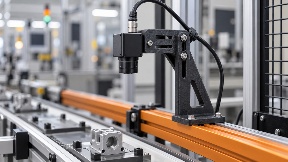 Generic machine-vision camera on a dark PA-CF 3D printed adjustable bracket above an orange fixture rail in a clean inspection cell