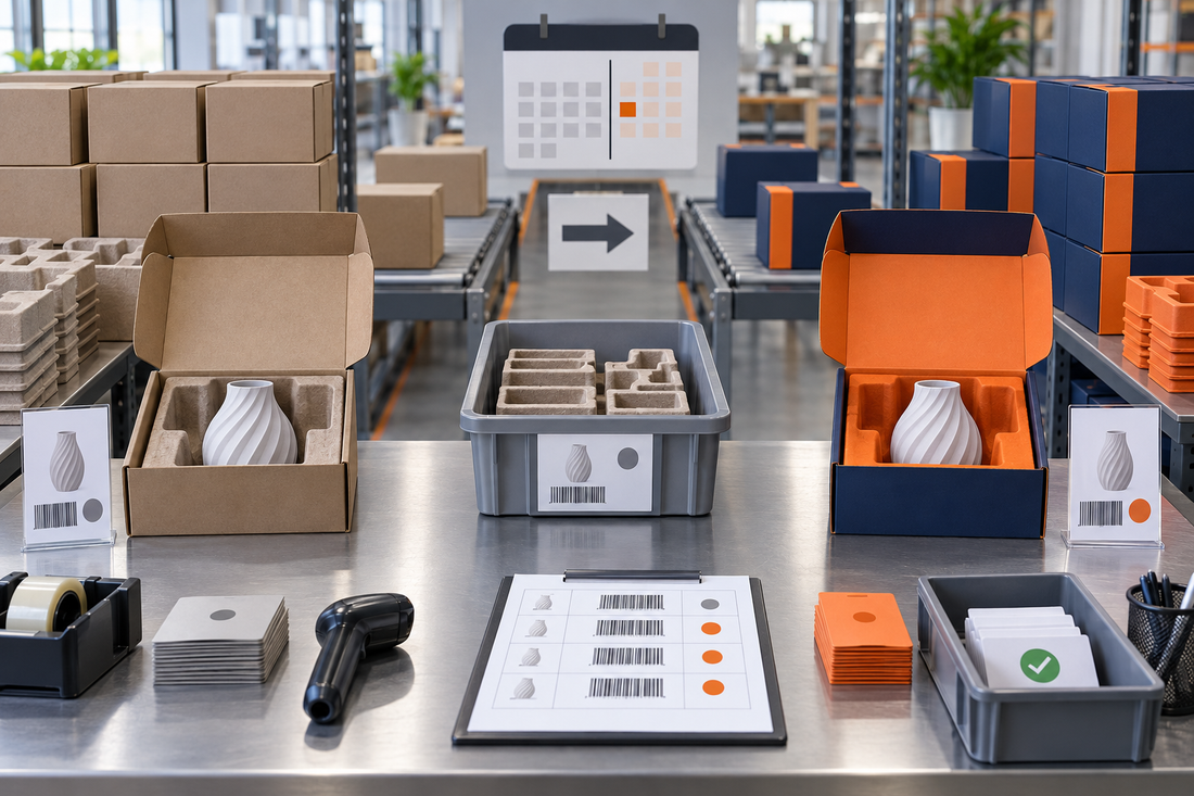 Old kraft and new navy-orange packaging versions segregated around a controlled cut-in point for one 3D printed product SKU