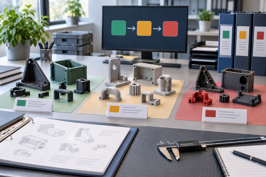 Generic 3D printed parts organized into active, service, and obsolete lifecycle groups with revision records and inspection tools
