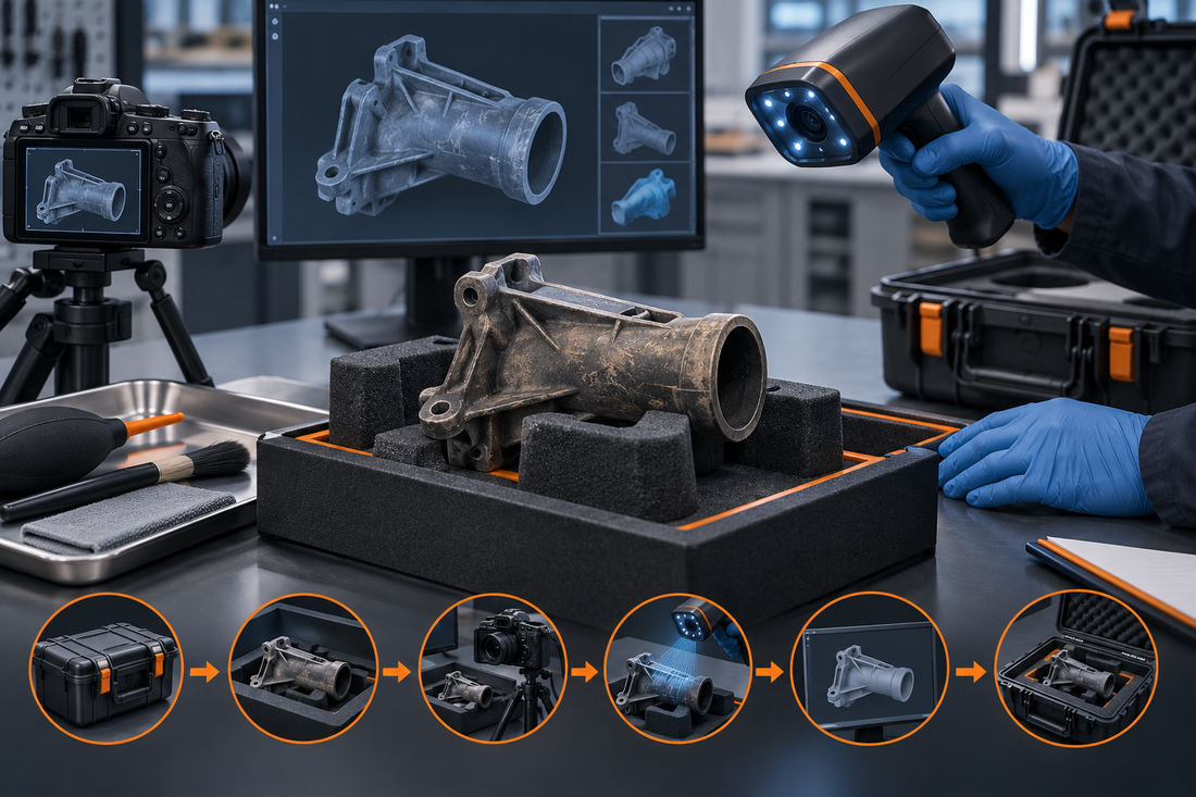 Unique worn physical master protected in a fitted tray while its condition is documented and captured with noncontact 3D scanning