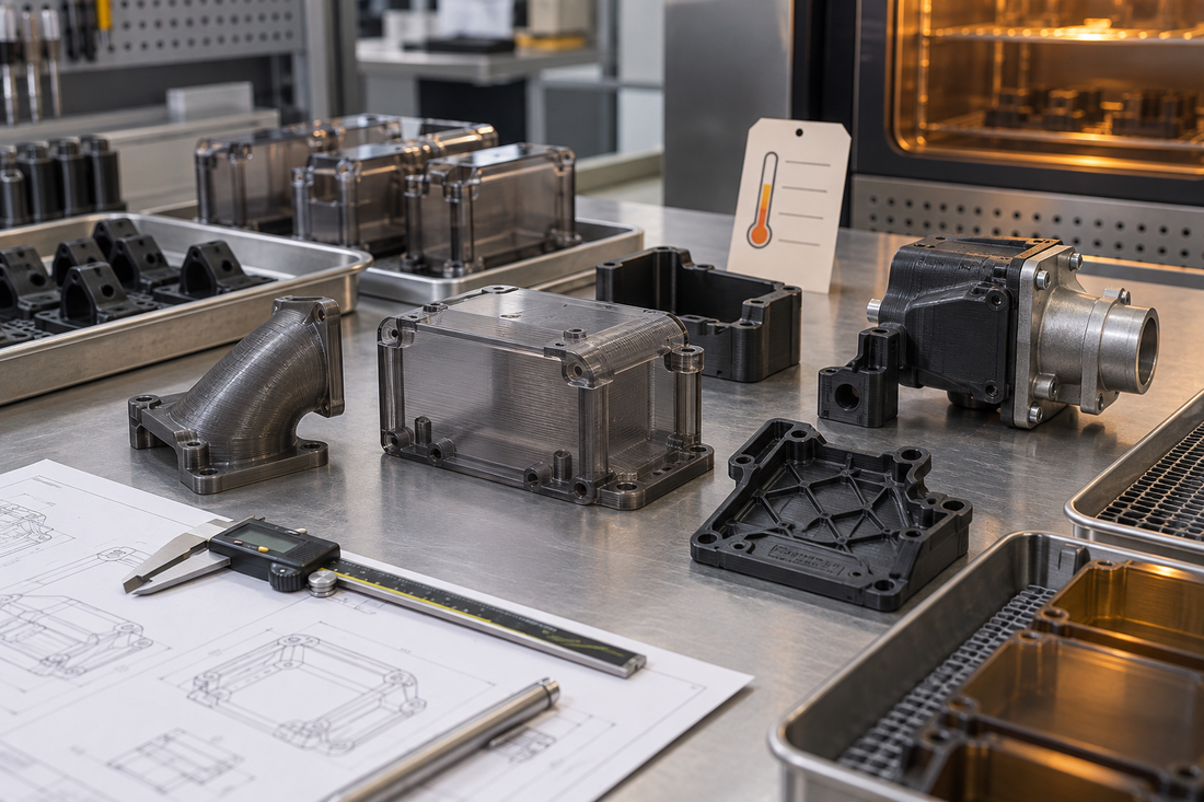 Polycarbonate production housings, brackets, and protective covers reviewed with calipers, an engineering drawing, temperature-condition tag, and mating assembly