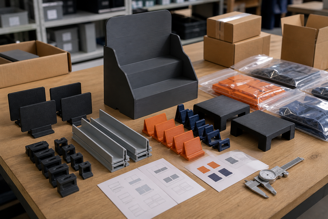 Point-of-sale display connectors, sign holders, risers, rails, replacement components, drawings, packaging, and inspection tools arranged for production review