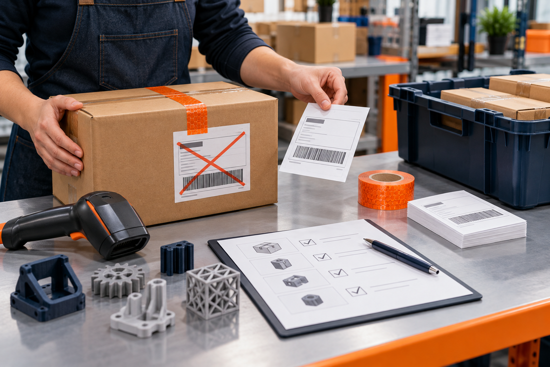 Fulfillment operator holding a parcel while voiding its old shipping label and verifying a replacement label before carrier handoff