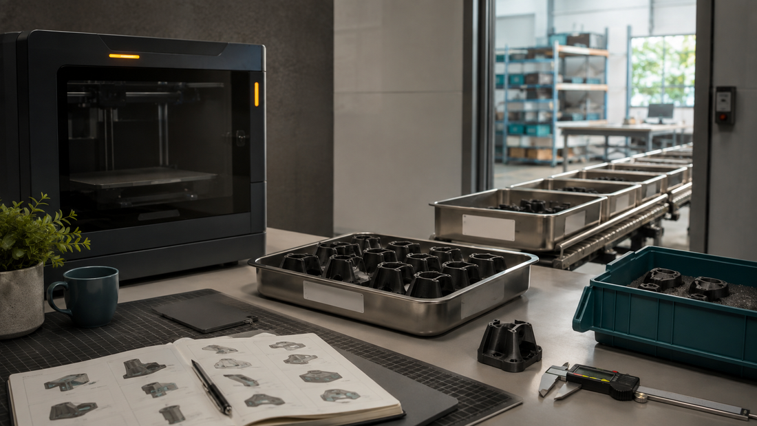 In-house 3D printer paused for maintenance while approved production parts move through controlled outsourced trays and inspection