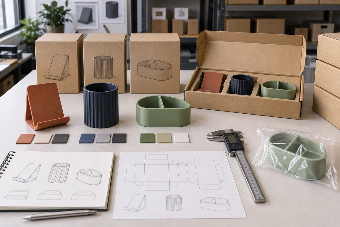 Private-label 3D printed product variants reviewed with color samples, packaging dieline, inspection tools, and sealed approval reference