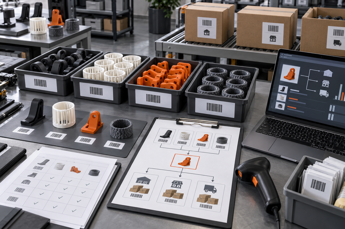 Recall traceability workstation linking 3D printed product lots, catalog SKUs, barcodes, and shipment destinations