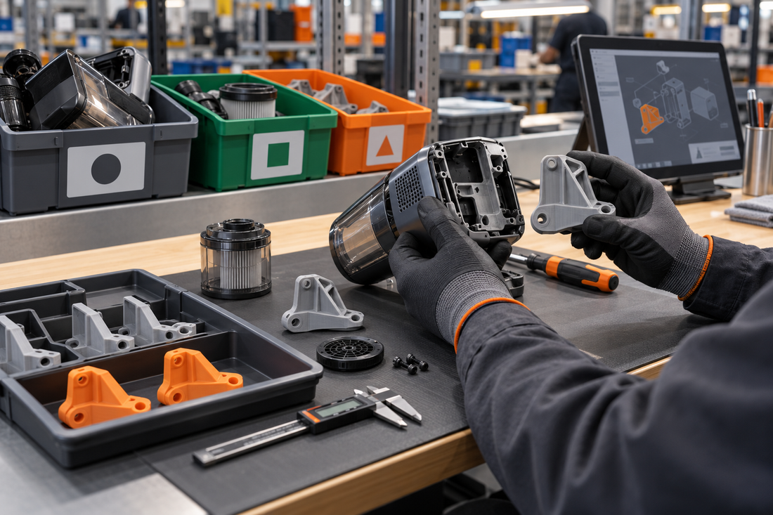 Illustrative refurbishment depot reviewing a returned product, controlled 3D printed replacement brackets, inspection tools, and segregated part trays