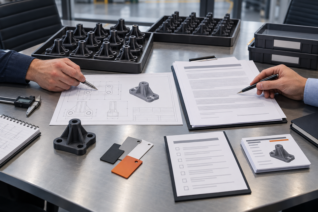 Engineering and procurement reviewing a production 3D printing contract beside controlled drawings, material samples, inspection records, and repeat parts