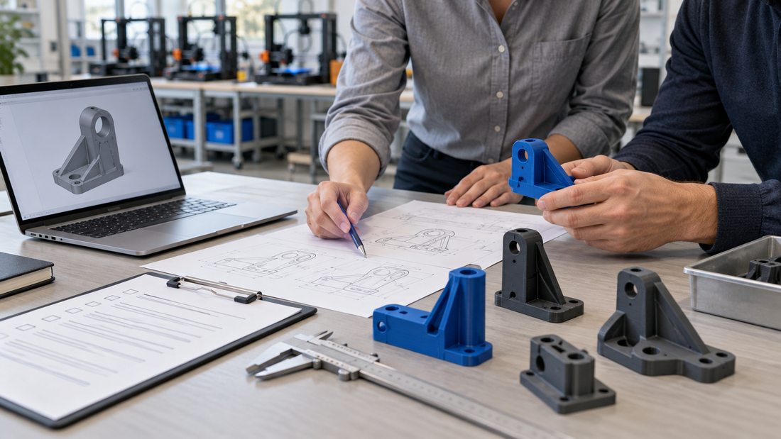 Engineering and procurement team reviewing generic 3D printed first-article samples, controlled drawings, a checklist, and measurement tools before production release