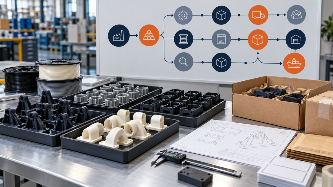 Production 3D printing supplier dependency review with part trays, material, inspection tools, packaging, and a connected workflow map