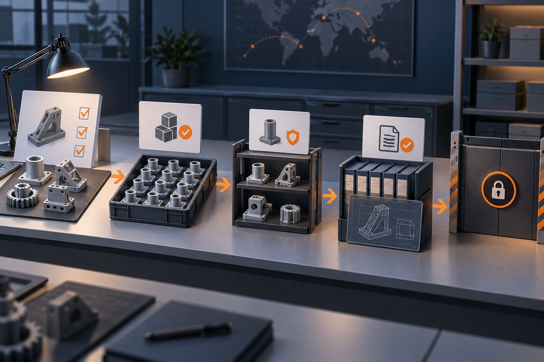 Controlled sunset workflow for recurring 3D printed parts showing final release review, accepted inventory, service stock, archived records, and program closure