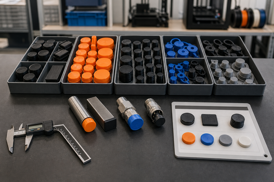 Assorted 3D printed protective caps and plugs organized by SKU beside mating components and inspection tools