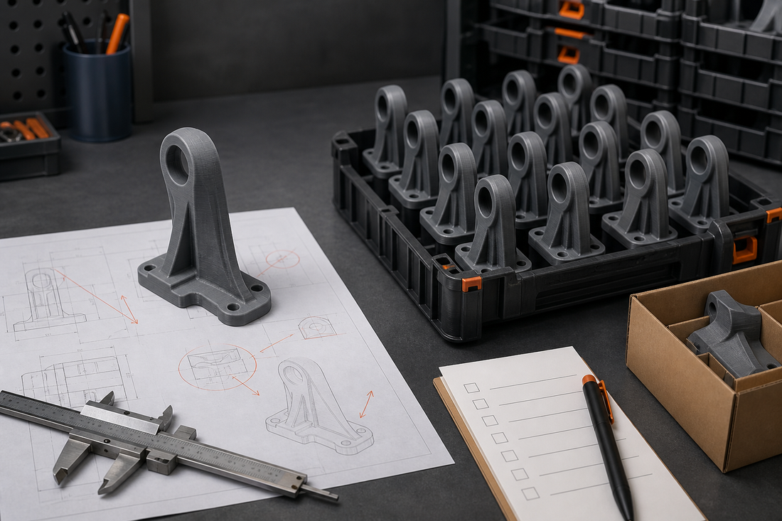 Approved product sample beside a controlled drawing, inspection tools, small-batch 3D printed parts, demand evidence, and a tooling decision gate