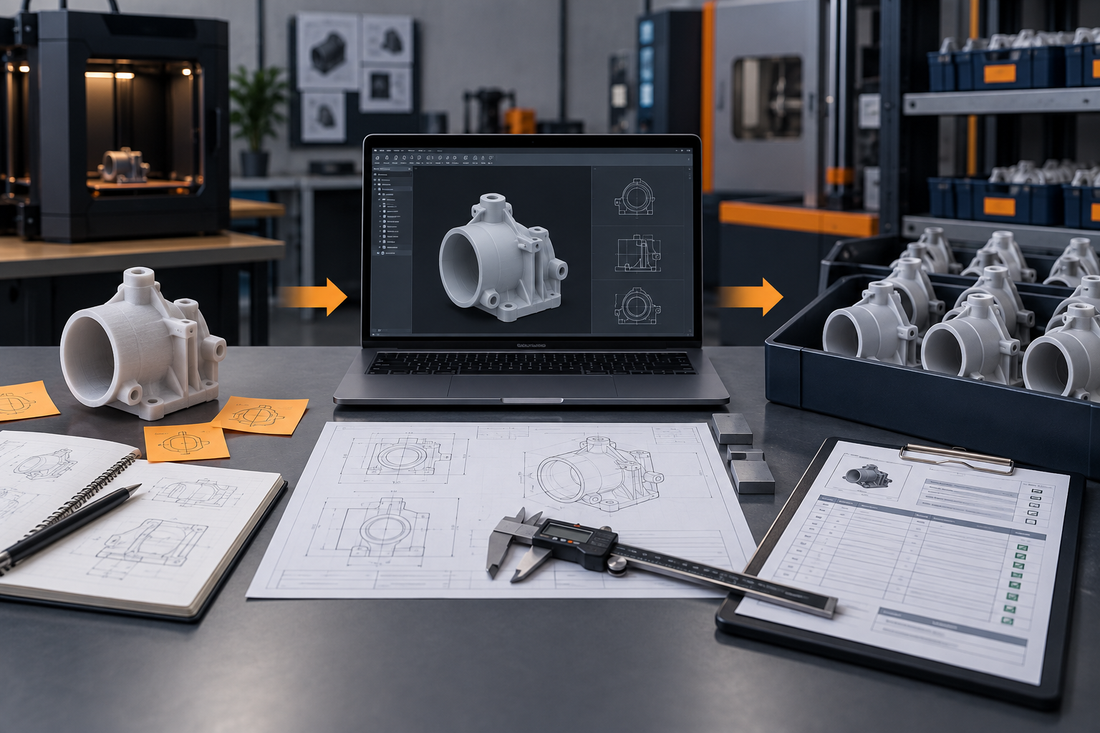 Prototype part, controlled CAD and drawing review, and repeat 3D printed production parts arranged as a supplier handoff